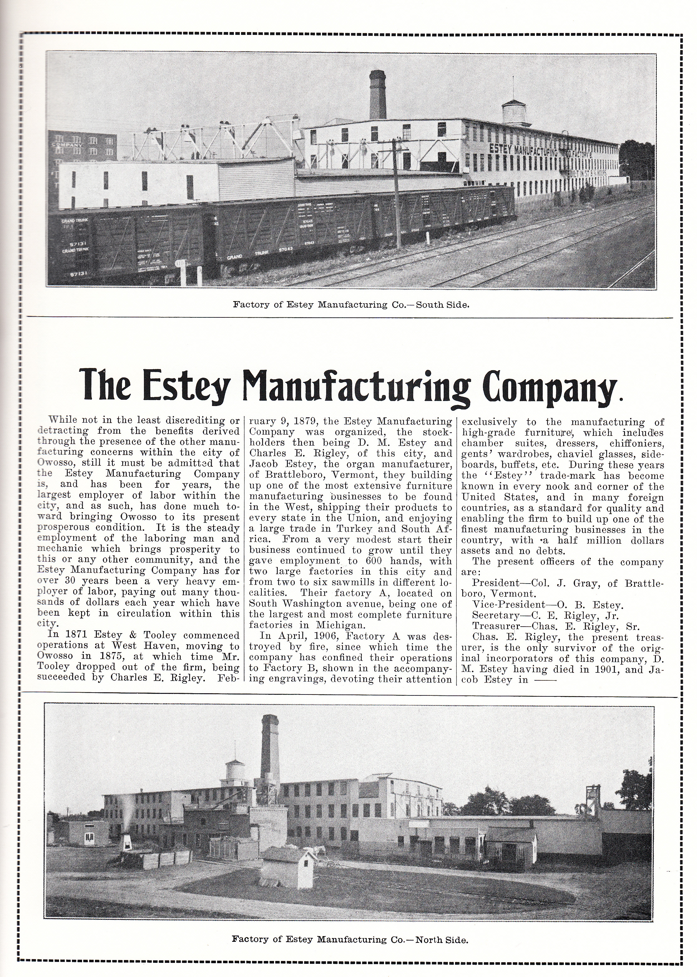 Estey Manufacturing Company article from Souvenir of Owosso, 1908.