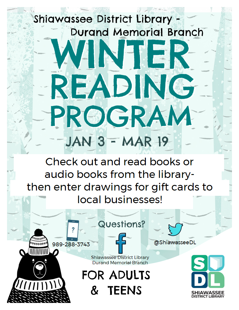 Durand Memorial Library winter reading program Jan. 3 through March 29 for adults and teens.  