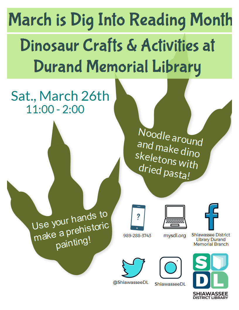 Make a dinosaur skeleton with pasta and paint a dinosaur picture at Durand Memorial Library March 26 from 11 a.m. to 2 p.m.