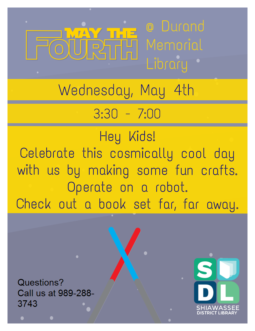 May the Fourth crafts, science fiction books, and an Operation game at the Durand Memorial Library May 4 from 3:30 to 7 p.m.