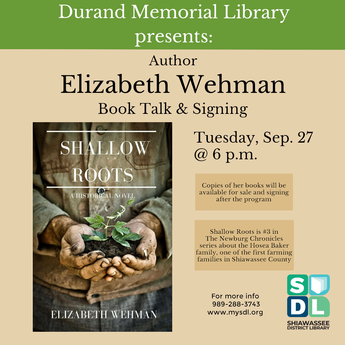 Beth Wehman book talk and signing at the Durand Memorial Library September 27 at 6 p.m. 