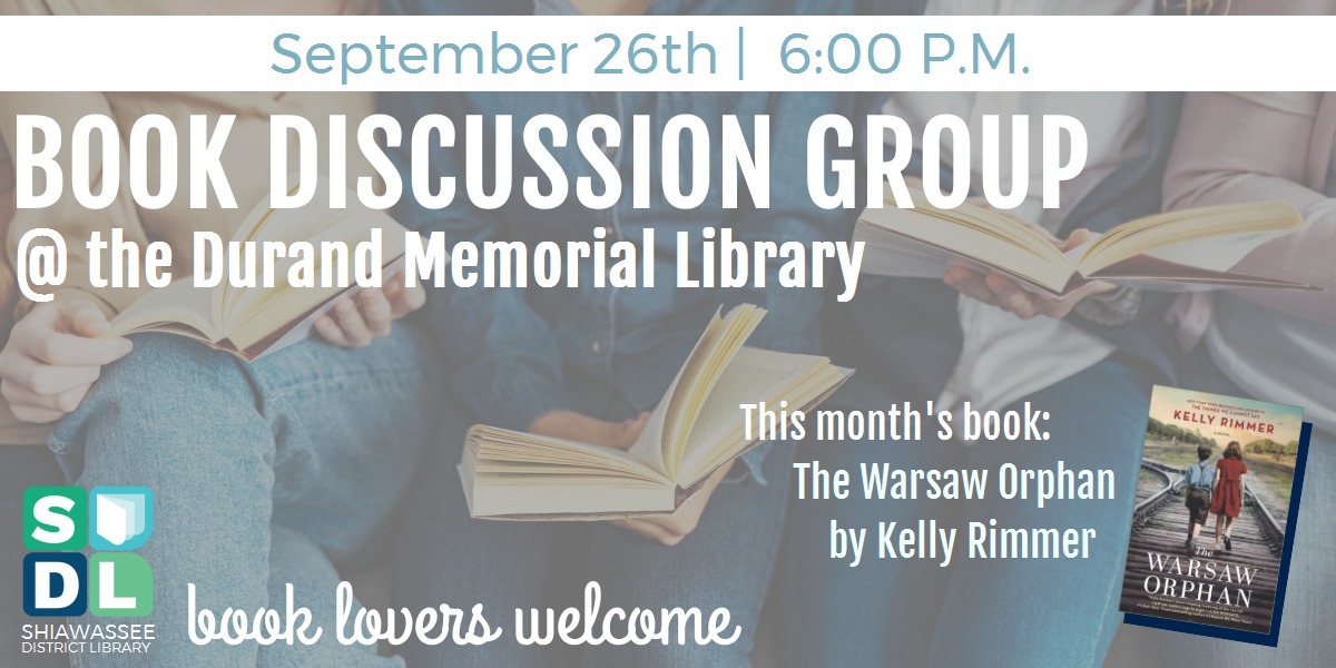 Book discussion group meeting at Durand Memorial Library September 26 at 6 p.m. to discuss The War Orphan