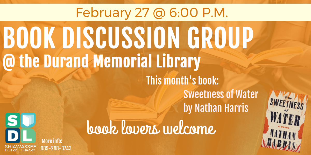 Book discussion group at Durand Memorial Library Feb. 26 at 6 p.m. will discuss The Sweetness of Water.