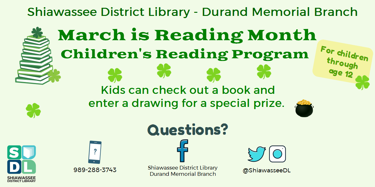 Image of March is Reading Month Children's Reading Program at Durand Memorial Library.