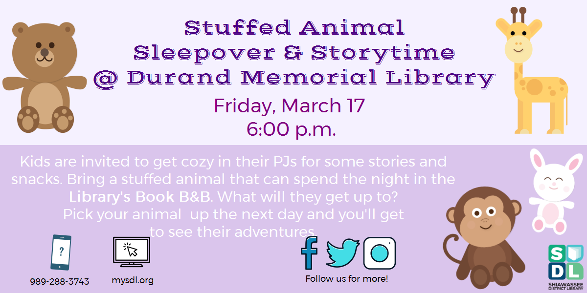 Image of Stuffed Animal Storytime and Sleepover at Durand Memorial Library March 17 at 6 p.m.