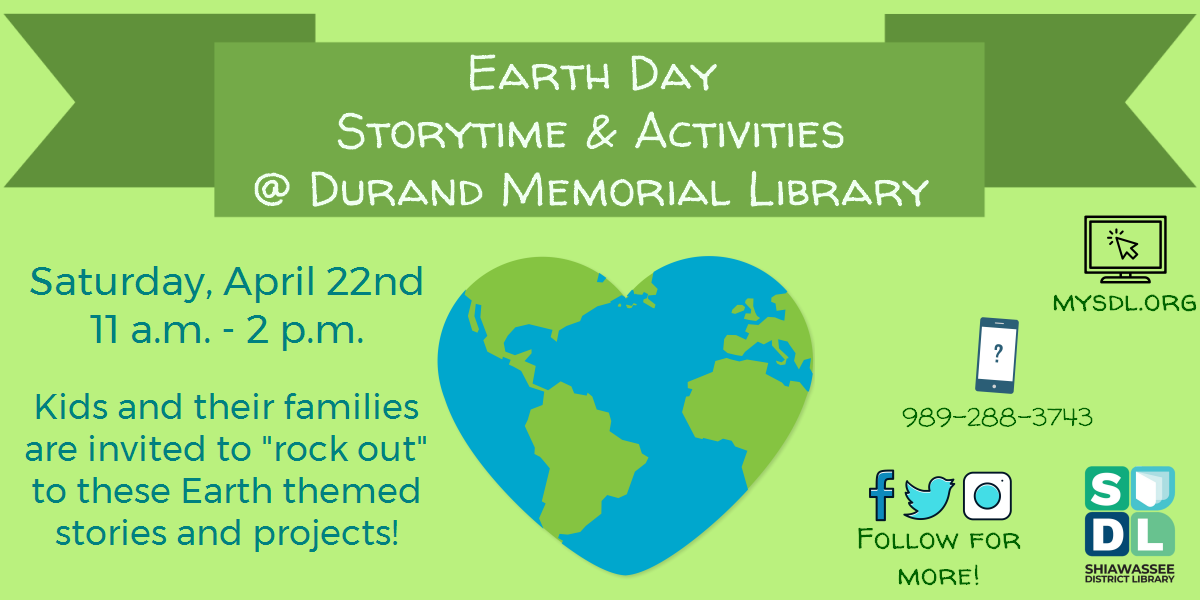 Image of Earth Day Storytime and Activities for kids at Durand Memorial Library April 22 from 11 a.m. to 2 p.m. 