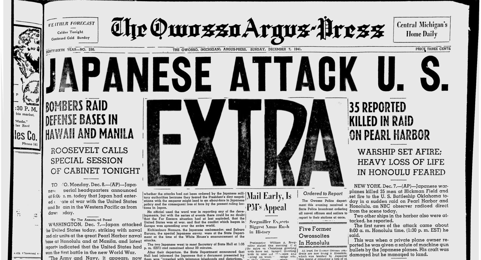 Image of Owosso Argus Press article, featuring a news story about the attack on Pearl Harbor