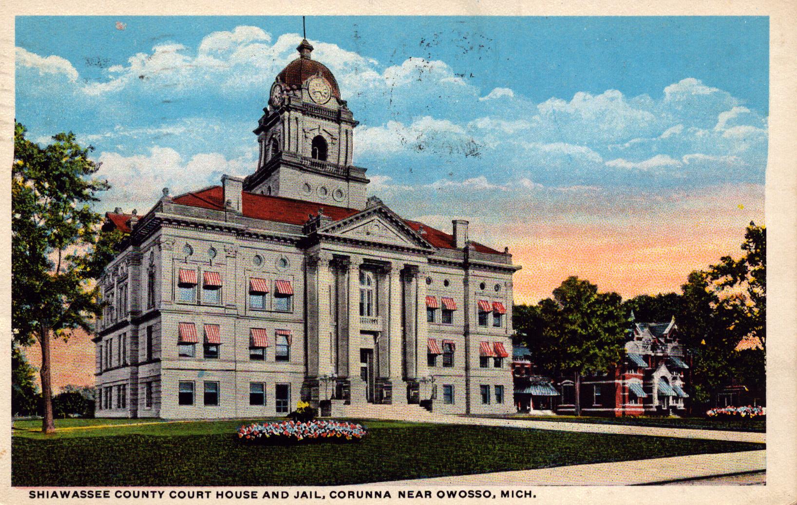 Image a postcard feathuring the Shiawassee County Courthouse