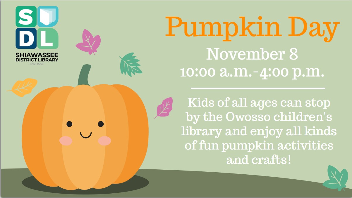 smiling cartoon pumpkin  to the left of program information for Pumpkin Day November 8