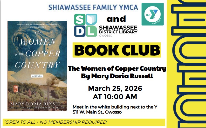 Cover of "The Women of Copper Country" book with text showing book club meeting information