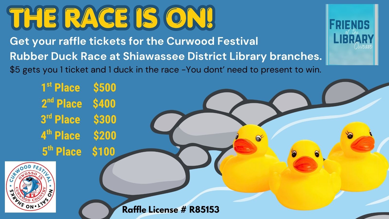 Curwood Festival Duck Race Raffle tickets available at both branches of SDL yellow rubber ducks on blue background