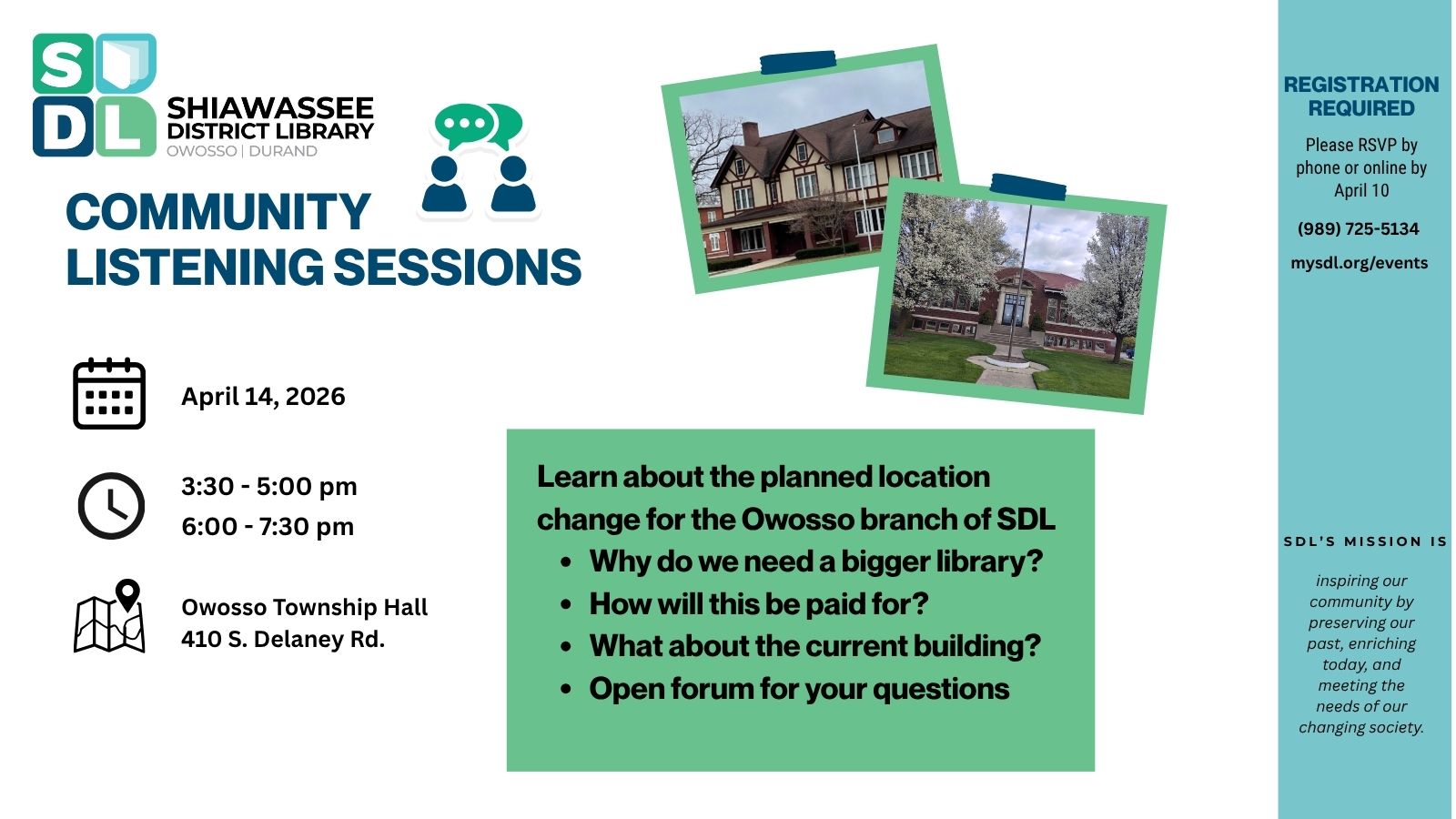 Photo of current library and future home of Owosso Library with information on community meeting April 14th