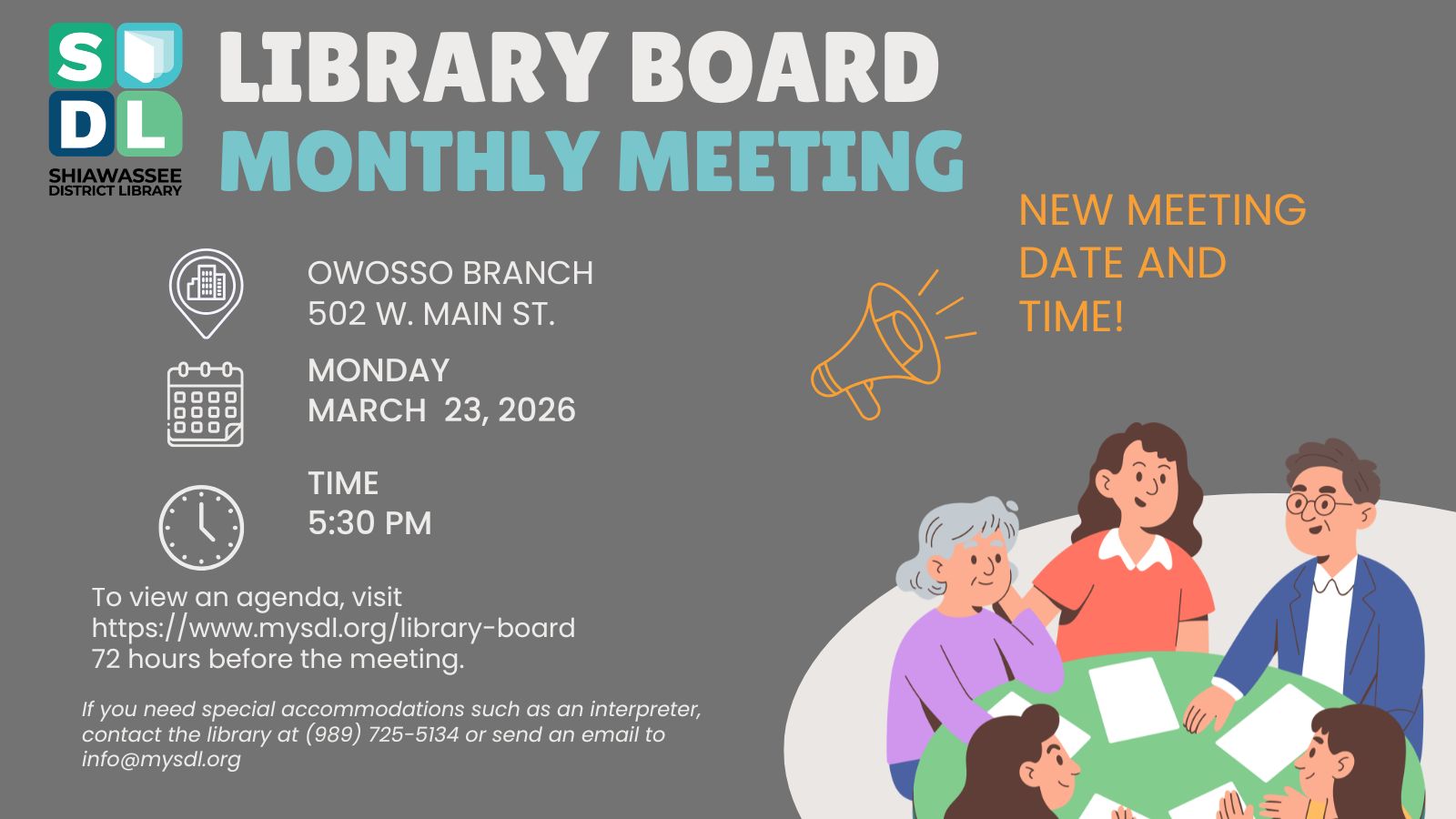 illustration of adults having a meeting with written information about new meeting date and time for Library Board March 23 at 5:30 pm at the Owosso Library