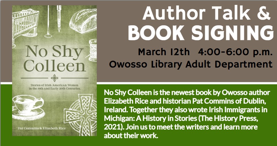 copy of book cover "No Shy Colleen" Author Talk and Book Signing 4-6 pm arch 12 at the Owosso Library