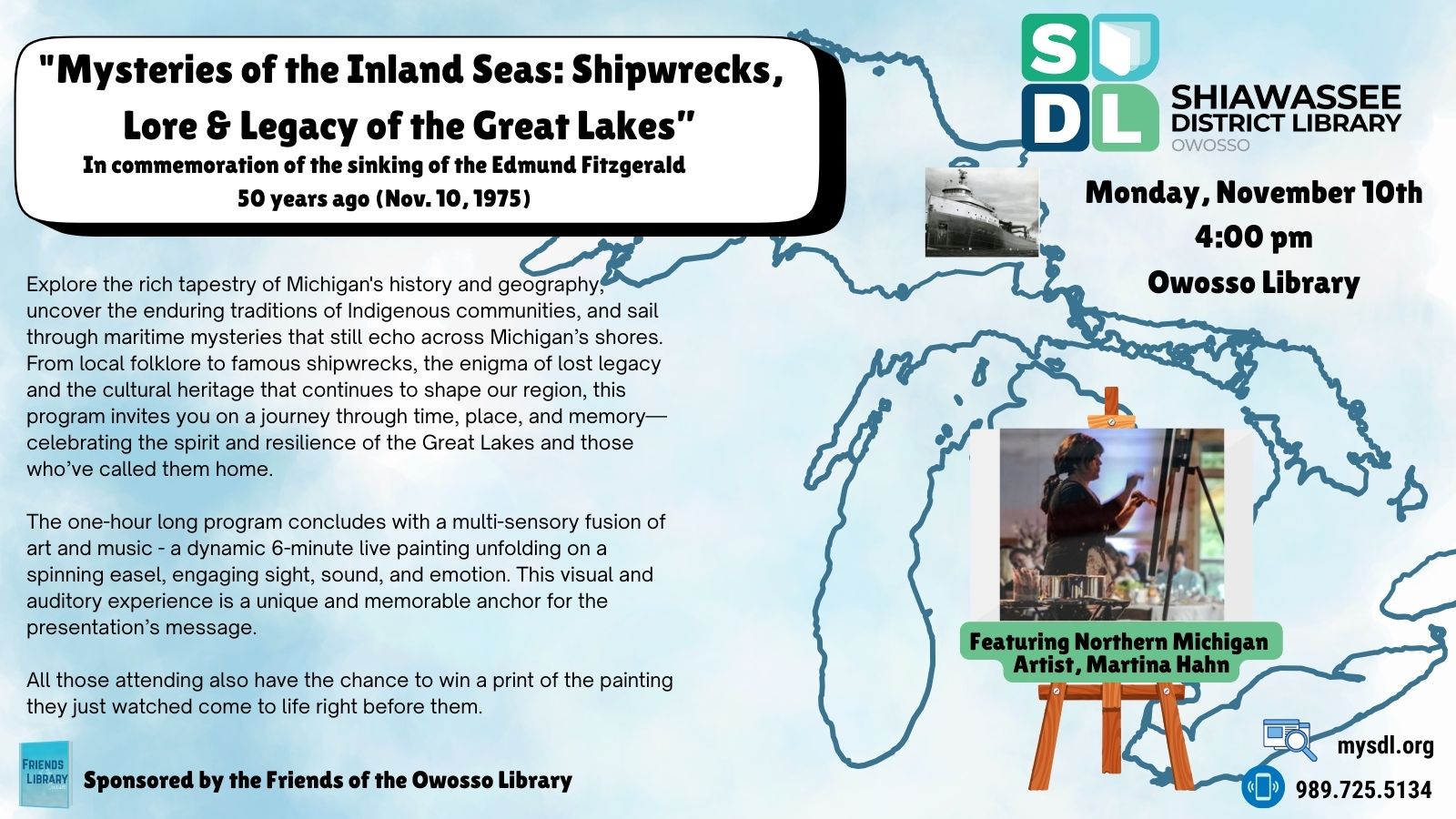 Program description over line drawing of Great Lakes. Photo of Martina Hahn painting on a large easel.