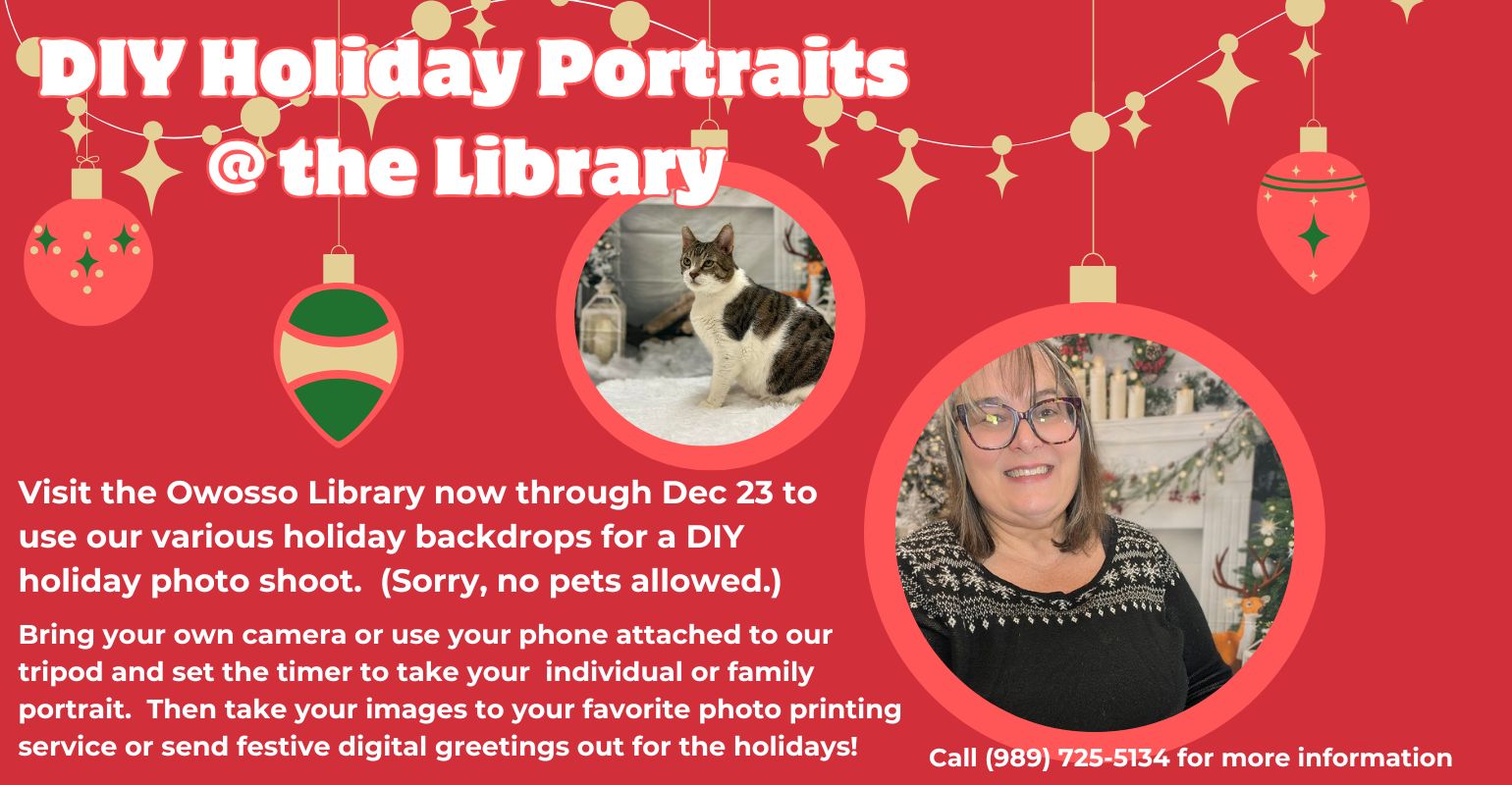 red background with illustrated ornaments featuring photos of library director and library cat against photo shoot backgrounds