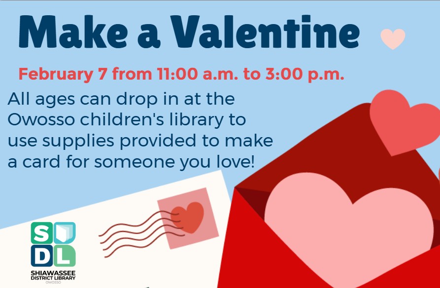 program flyer with red envelope and pink hearts on a blue background