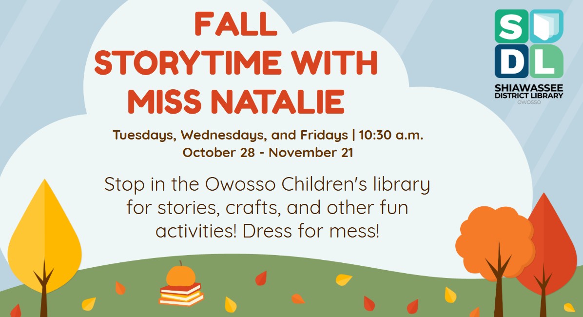 storytime info over a background of stylized fall trees on a grassy hill with a white fluffy cloud and blue sky