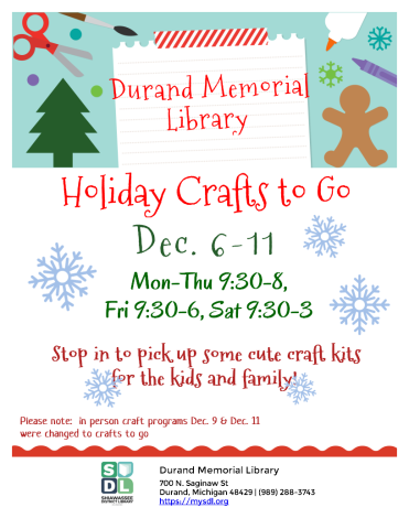 Durand library holiday crafts to go Dec. 6-11