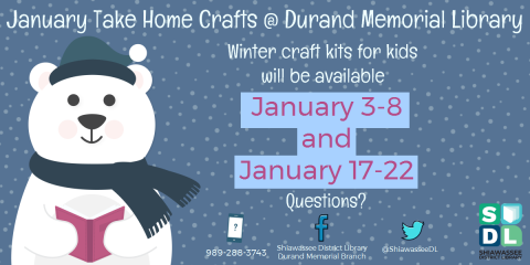 Winter take home craft kits for kids at Durand Memorial Library Jan. 17 to 22