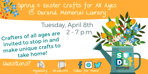 Image of Spring and Easter crafts for all ages at Durand Memorial Library April 8 from 2 to 7 p m