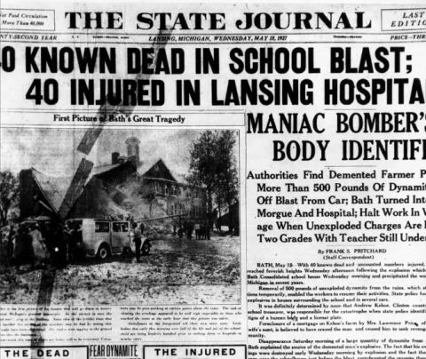 newspaper headline with photo of bath school bombing