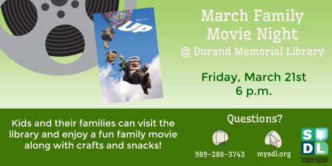 Image of "March Family Movie Night" at Durand Memorial Library Friday, March 21 at 6 p.m.