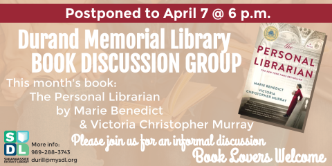 Image of book discussion The Personal Librarian at Durand Memorial Library April 8 at 6 p m