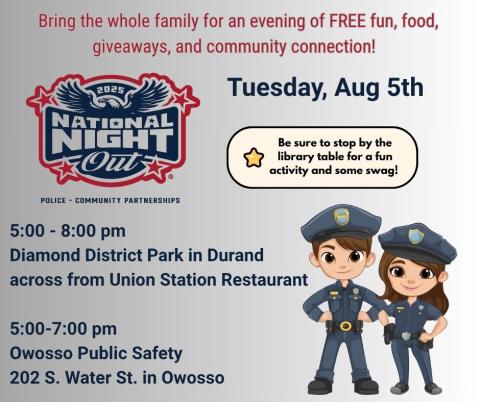 National Night out logo and cartoon figures of a male and female police officer along with program details