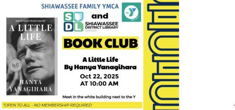 program flyer featuring book cover on left and stack of books on yellow background on right with event info in center