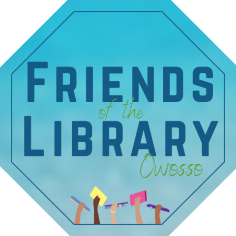 Friends of the Library Owosso Logo a blue octagon shape with raised hands holding library materials at the bottom