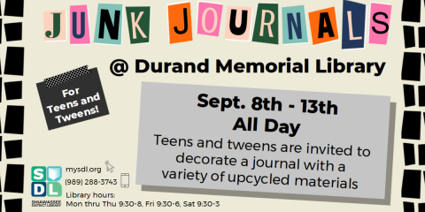 Image of "Junk Journals for Teens and Tweens" at Durand Memorial Library Sep. 8-13
