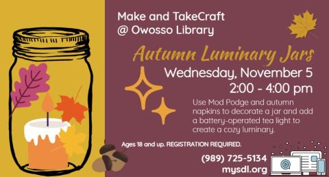 program flyer illustrated mason jar with orange candle inside and outside of jar covered in leaves on a maroon and gold background