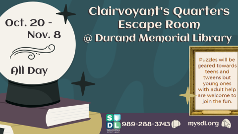 Image of Clairvoyant's Quarters Escape Room at Durand Memorial Library Oct. 20 to Nov. 8 for teens and tweens