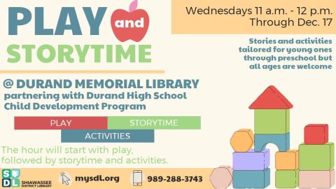 Image of "Play & Storytime" at Durand Memorial Library Wednesdays at 11 a.m. through Dec. 17
