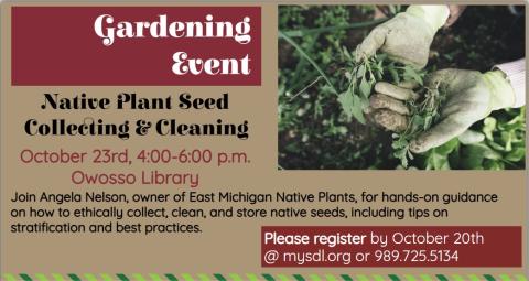 program flyer with info about program and photo of a gardener's hands in dirty gloves holding small plants holding 