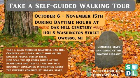 photo of cemetery headstone surrounded by fall leaves in orange and red with program information imposed over the top.