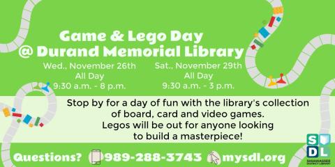 Image of Game and Lego Day at Durand Memorial Library November 26 and 29.