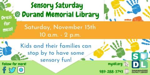 Image of Sensory Saturday play at Durand Memorial Library Saturday, November 15 from 10 a.m. to 2 p.m.