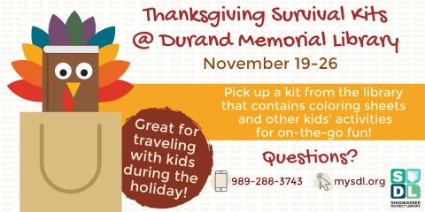 Image of Thanksgiving Survival Kits at Durand Memorial Library November 19 through 26.