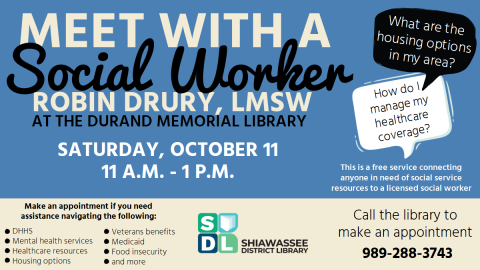 Image of "Meet with a Social Worker" at Durand Memorial Library October 11 from 11 a.m. to 1 p.m.