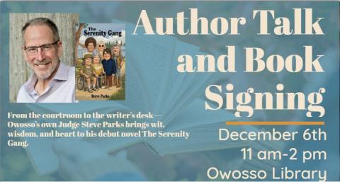 program flyer featuring photo of author and his book cover