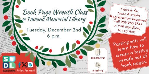 Image of "Book Page Wreath Class" December 2 at 6 p.m. 