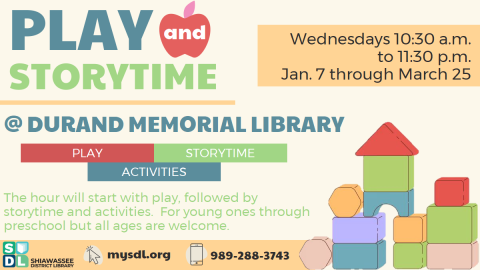 Image of Play and Storytime at Durand Memorial Library January 7 through March 25, 2026