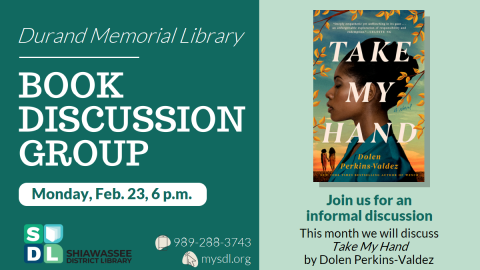 Book group at Durand Memorial Library Feb. 23 at 6 p.m. to discuss "Take My Hand"