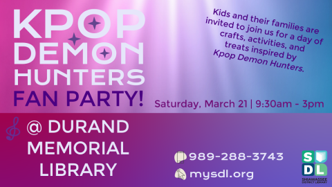 Image of KPop Demon Hunters Fan Party March 21 from 9:30 a.m. to 3 p.m. at Durand Memorial Library