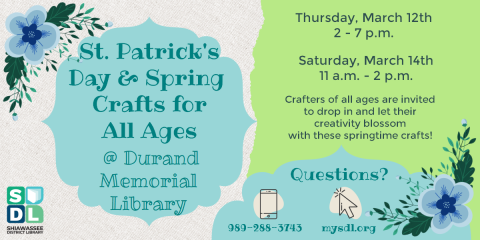 Image of St. Patrick's Day and Spring Crafts at Durand Memorial Library March 12 from 4 to 7 p.m.