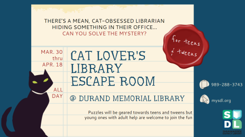 Image of "Cat Lovers Library Escape Room" at Durand Memorial Library March 30 to April 18
