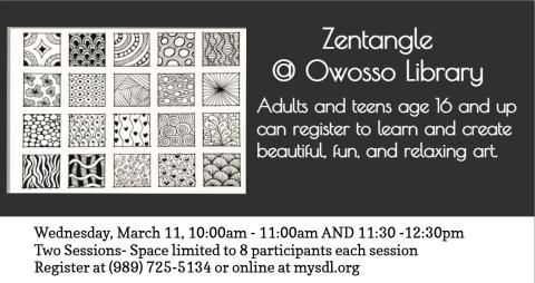 Samples of zentangle  on a black background with program info to the right