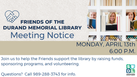 Image of Friends of Durand Memorial Library meeting Monday, April 13 at 6 p.m.